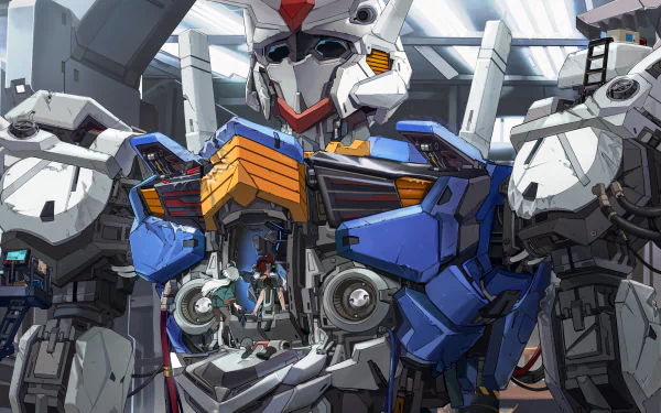 4K Ultra HD PC desktop wallpaper: Anime Mobile Suit Gundam: The Witch from Mercury — XVX-016 Gundam Aerial in a hangar, pilot in cockpit, detailed blue-and-white mecha.