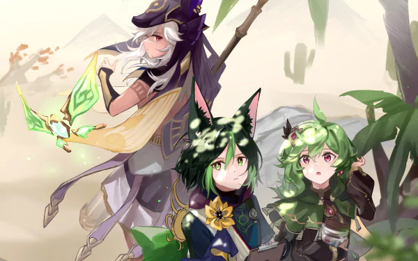 HD PC desktop wallpaper featuring Collei, Cyno, and Tighnari from the video game Genshin Impact in a vibrant, nature-inspired setting.