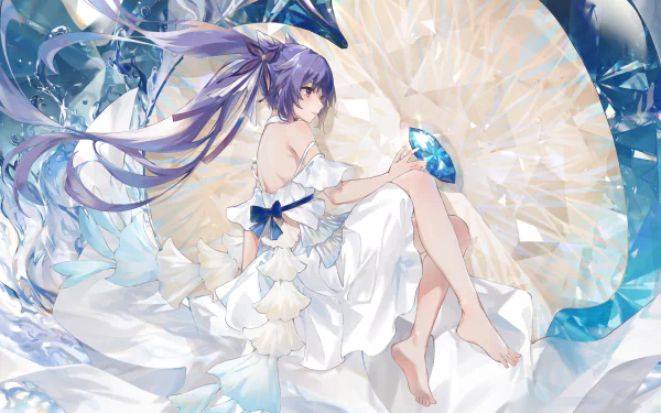 Keqing from Genshin Impact in a detailed 4K Ultra HD PC desktop wallpaper, featuring her in an elegant white dress with flowing purple hair and a crystal accessory.