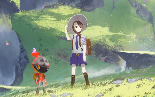 HD PC desktop wallpaper featuring Juliana from Pokémon: Scarlet and Violet, standing in a vibrant, sunlit grassy landscape with a small Pokémon by her side.