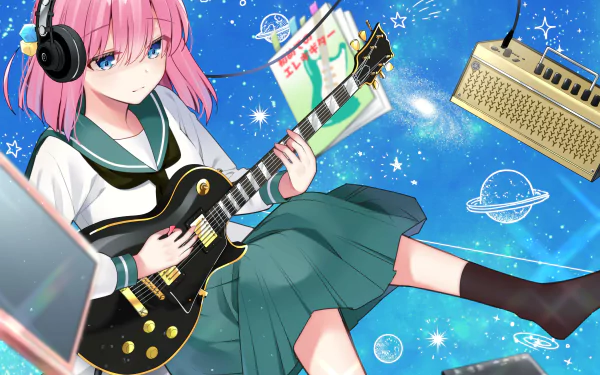 4K Ultra HD anime wallpaper featuring Hitori Gotou from Bocchi the Rock! playing guitar against a vibrant, starry blue background with floating musical elements.