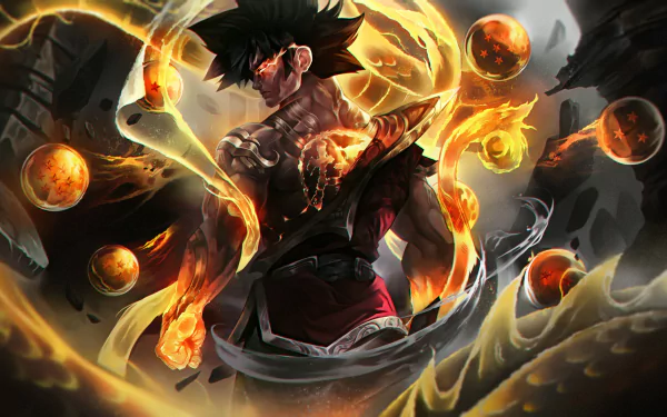 HD PC desktop wallpaper featuring Goku from Dragon Ball, surrounded by glowing Dragon Balls and fiery energy in a dynamic anime-style scene.