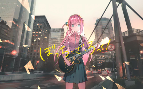 4K Ultra HD PC desktop wallpaper featuring Hitori Gotou from the anime Bocchi the Rock!, standing with her guitar in an urban cityscape at dusk.