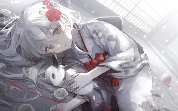 Anime girl in a detailed kimono gently holding a white rabbit, rendered in 4K Ultra HD for a serene PC desktop wallpaper background.