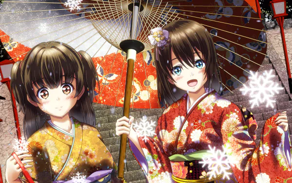 Two friends in colorful kimonos - anime inspired HD desktop wallpaper.