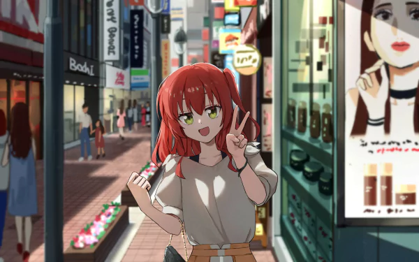 HD PC desktop wallpaper featuring Ikuyo Kita from the anime Bocchi the Rock! posing with a peace sign on a vibrant city street background.