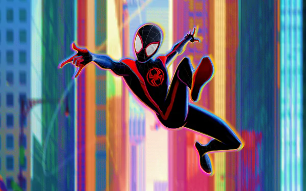 Miles Morales as Spider-Man in a black-and-red suit swings through a neon city — 5K Ultra HD PC desktop wallpaper from Spider-Man: Across the Spider-Verse and Marvel's Spider-Man: Miles Morales