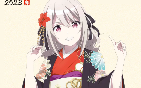 Lily (Spy Classroom) from Spy Classroom (Anime) in a floral kimono with red hair ornament, smiling — 2K Quad HD PC desktop wallpaper/background.