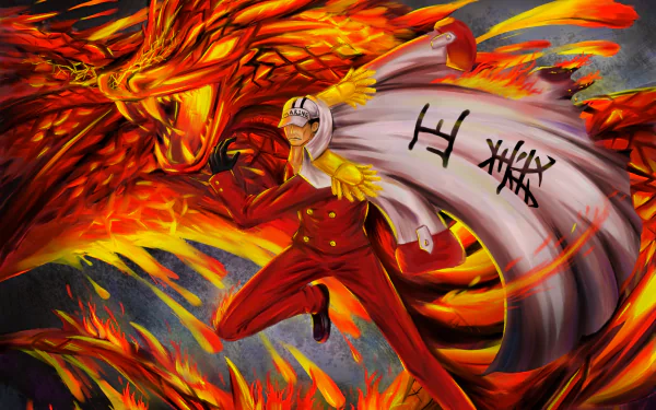 Akainu from One Piece in a high-definition desktop wallpaper, showcasing a fiery anime character in action.