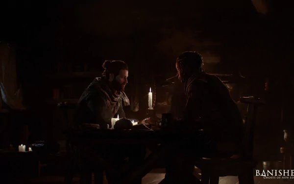 HD wallpaper of two people having an intense conversation by candlelight, for Banishers: Ghosts of New Eden desktop background.
