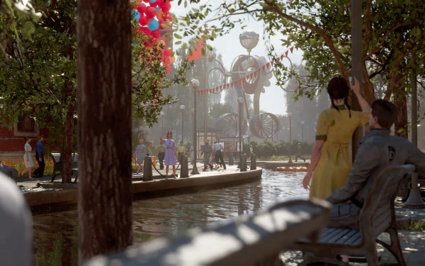 HD desktop wallpaper of Atomic Heart game showcasing a vibrant park scene with characters and futuristic elements.