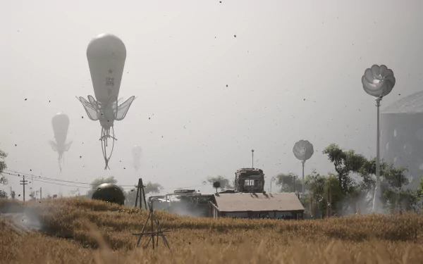 An atmospheric HD desktop wallpaper from the video game Atomic Heart, featuring surreal floating structures over a field, creating a captivating and mysterious scene.