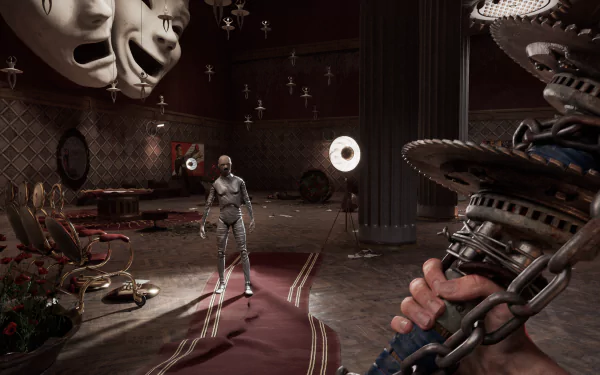 HD wallpaper of Atomic Heart video game featuring a first-person view of a character holding futuristic weapons in a richly detailed room with a humanoid robot in front.