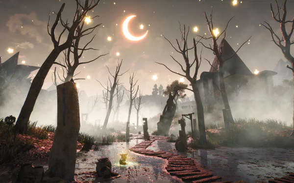 HD Blacktail game wallpaper featuring a mystical forest with crescent moon and lanterns - desktop background.