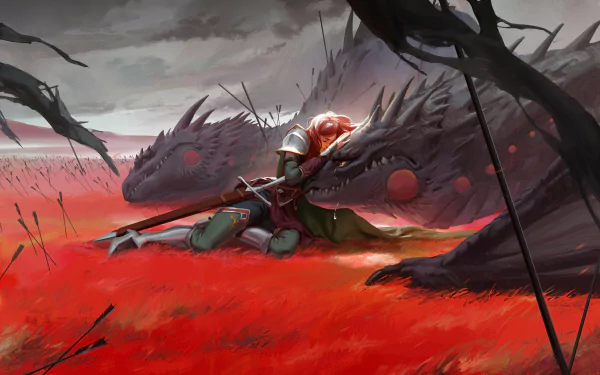 Fantasy HD PC desktop wallpaper depicting a knight kneeling in red grass beside two massive dragon heads under a stormy sky.