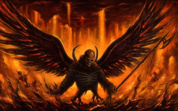 A striking HD desktop wallpaper featuring a dark angel with massive wings, standing amidst a fiery abyss, embodying themes of the occult and power.