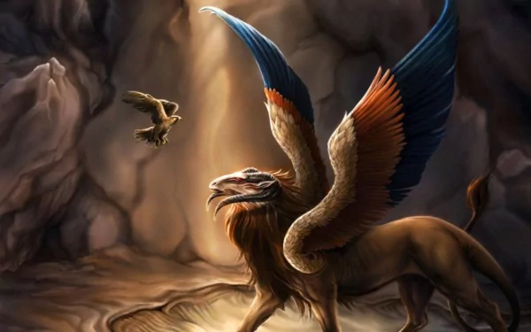 HD PC desktop wallpaper of a fantasy chimera/criosphinx griffin creature in a sunlit cave, wings raised as a small bird hovers nearby.