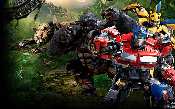 8K Ultra HD desktop wallpaper featuring Hasbro’s Transformers from the movie Transformers: Rise of the Beasts, showcasing iconic characters in a jungle setting.