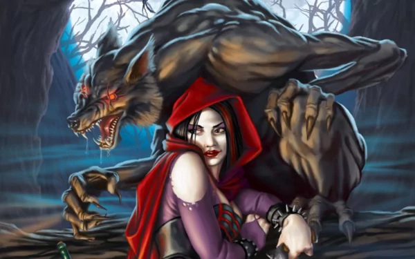 A captivating fantasy-themed HD desktop wallpaper featuring a fierce, dark take on Red Riding Hood, accompanied by a menacing wolf in an eerie forest setting.
