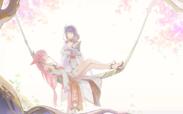 4K Ultra HD Genshin Impact wallpaper featuring Yae Miko Guuji and Baal Raiden Shogun in a serene, softly lit scene on a swing.