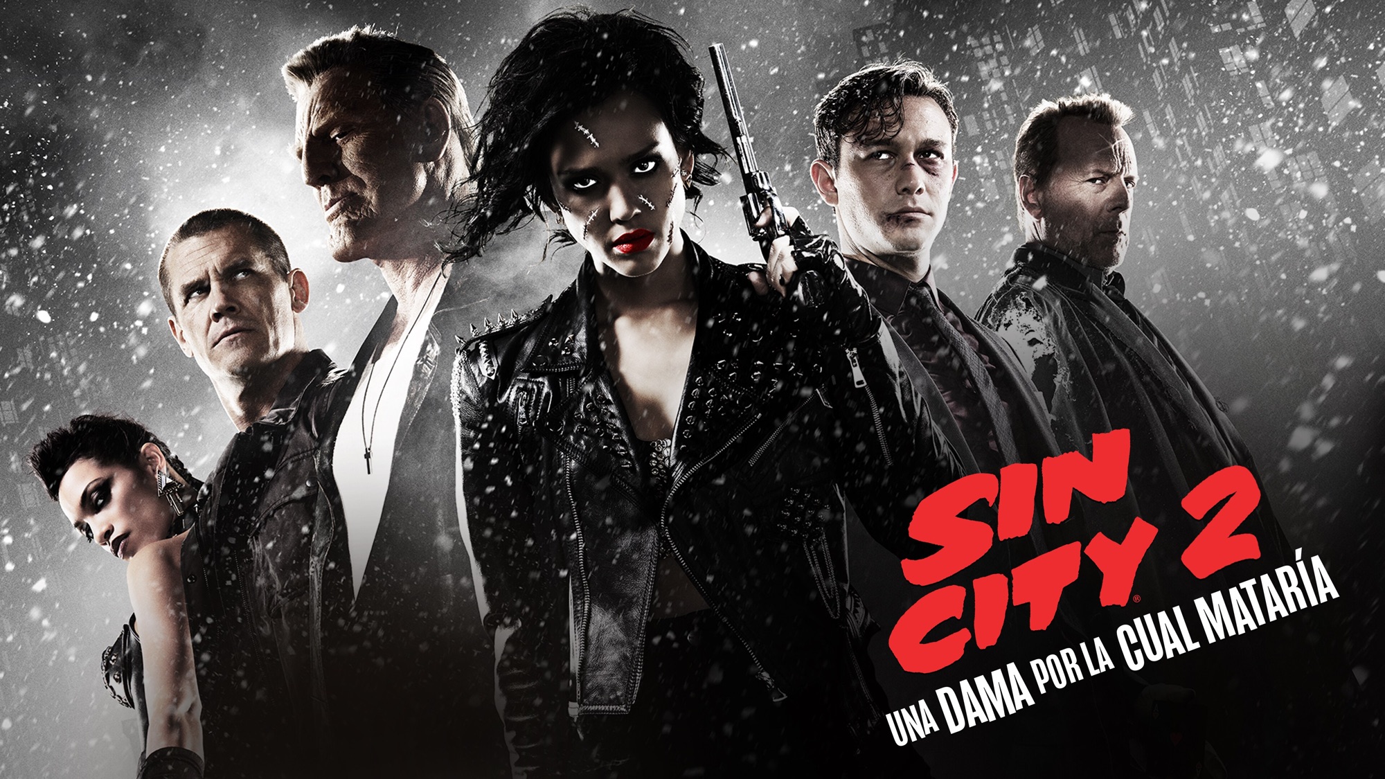Sin City: A Dame to Kill For HD desktop wallpaper featuring stylized, black and white cityscape with a hint of red accent, capturing the essence of the movie's noir aesthetic.