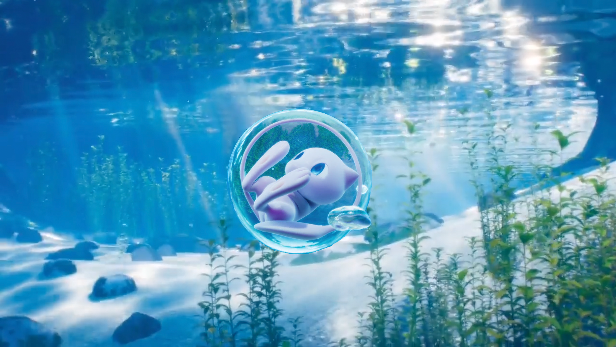 Mew from Pokémon, gracefully swimming underwater in an anime scene from Pokémon: Mewtwo Strikes Back - Evolution. HD desktop wallpaper.