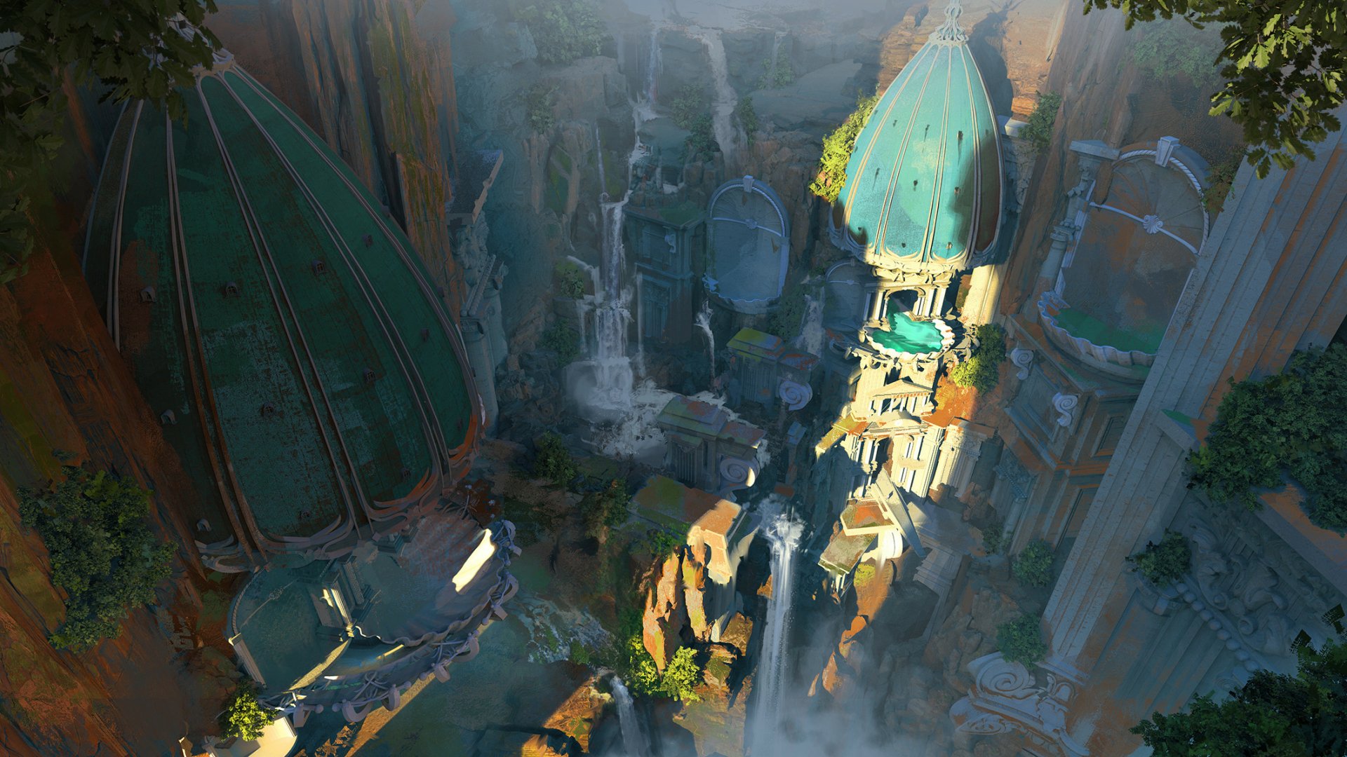 A breathtaking HD wallpaper showcasing a fantasy building nestled among towering cliffs and cascading waterfalls, creating a mystical and enchanting landscape background.