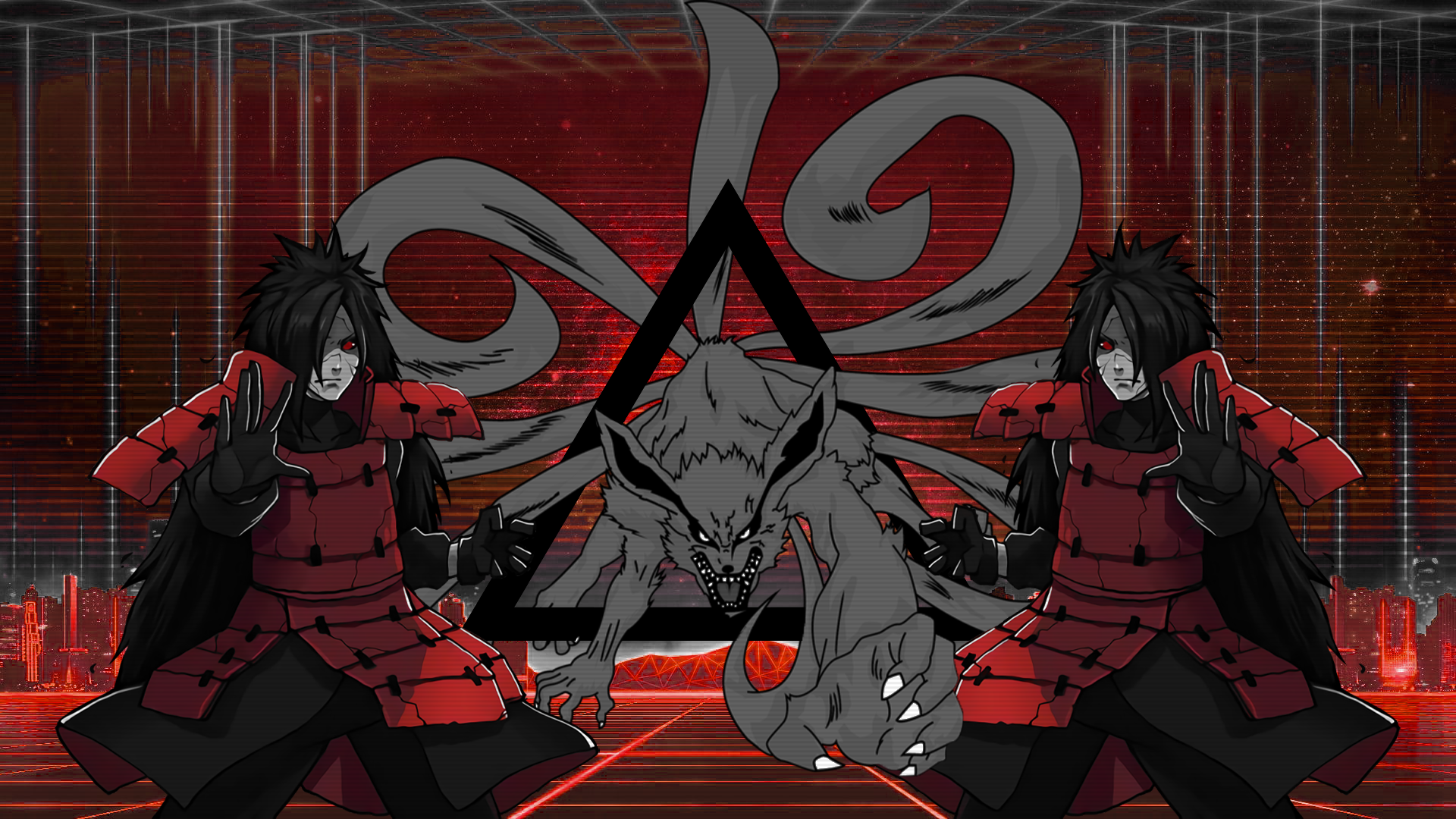 HD PC desktop wallpaper featuring Madara Uchiha and Kurama from the anime Naruto, set against a dynamic red and black background with stylized symbols.