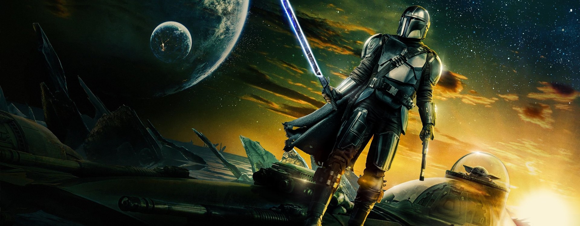 HD PC desktop wallpaper featuring The Mandalorian from the TV show, standing on a rocky terrain under a cosmic sky with a large planet in the background.
