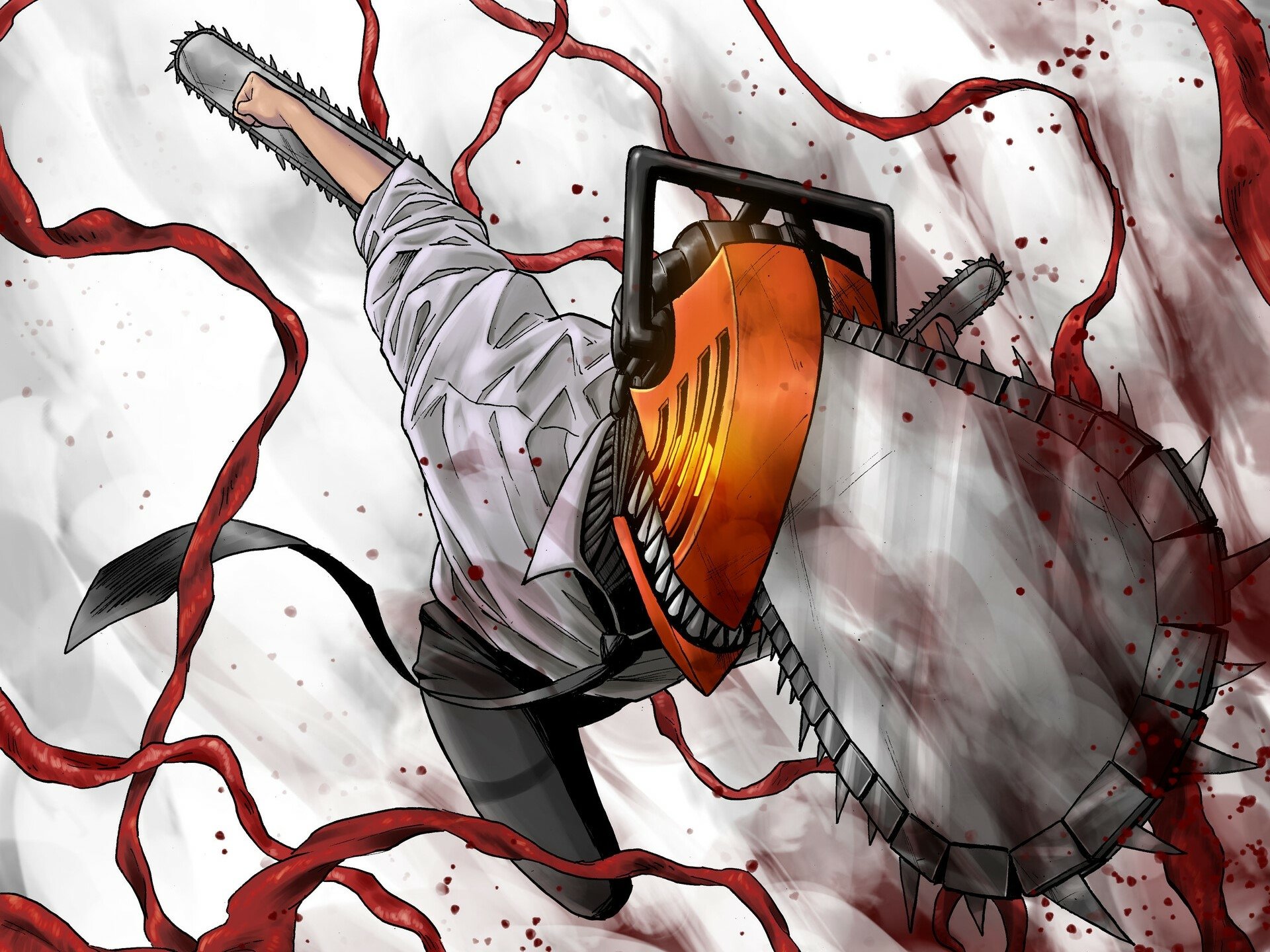 HD PC desktop wallpaper featuring Denji from the anime Chainsaw Man, showcasing dynamic action with blood splatters and his iconic chainsaw head.