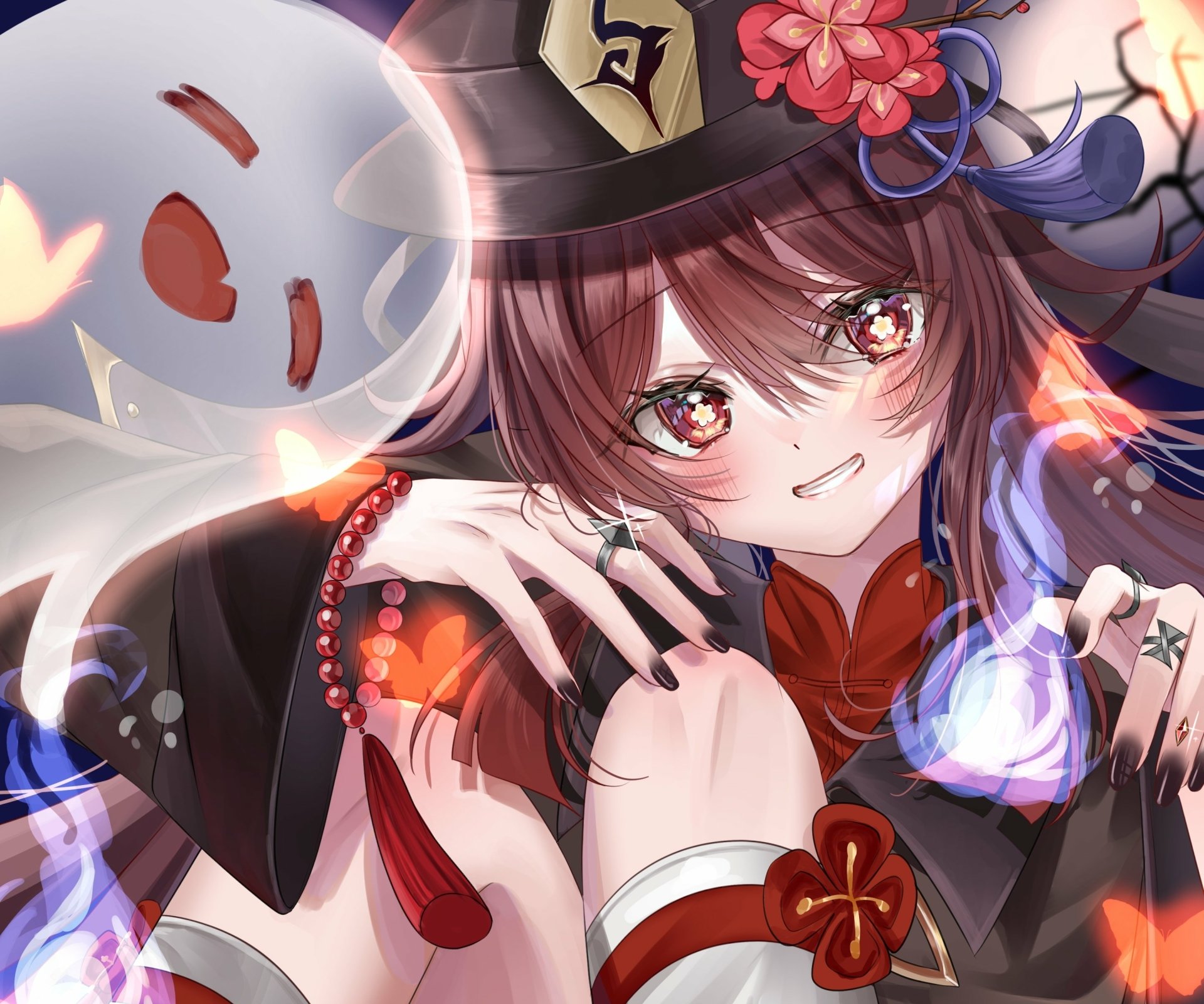 HD desktop wallpaper featuring Hu Tao from the video game Genshin Impact, showcasing her vibrant eyes and dynamic pose with glowing, mystical effects.