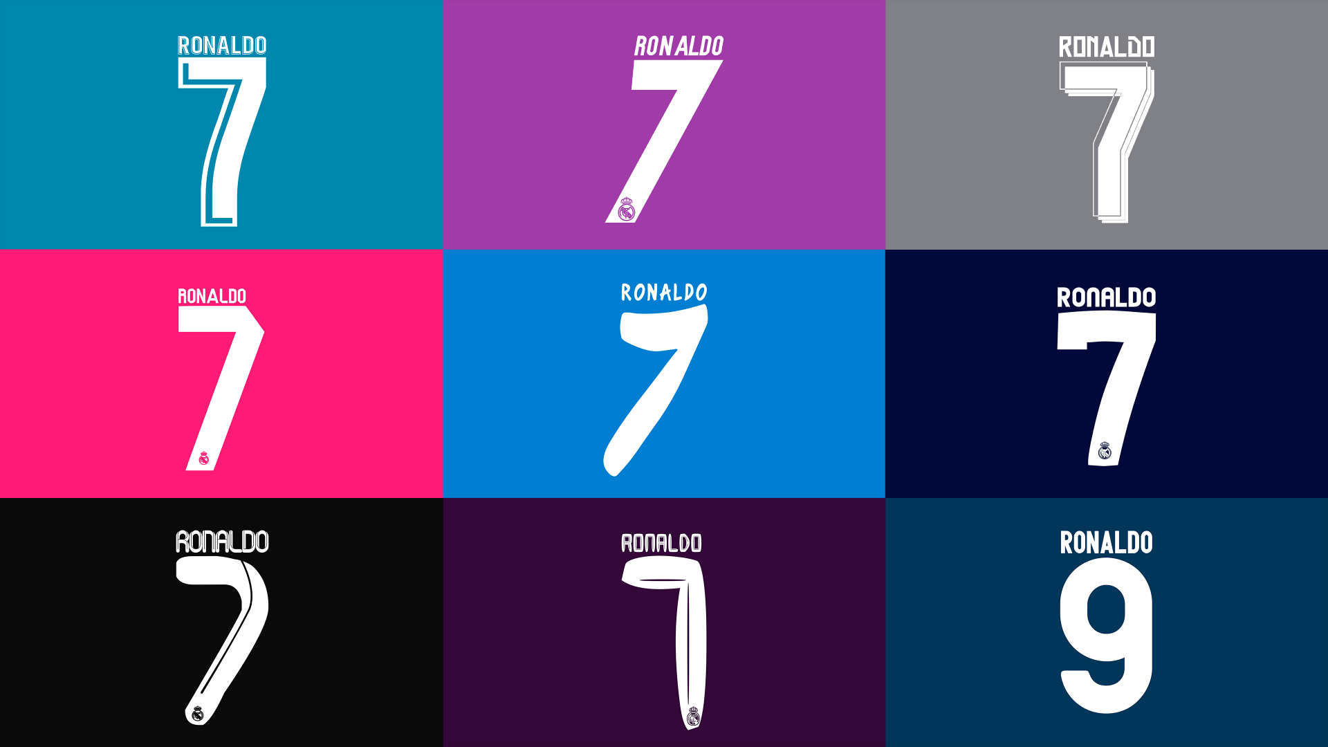 4K Ultra HD Real Madrid C.F. desktop wallpaper: colorful 3x3 grid of stylized #7 jerseys and one #9, a bold sports-themed nod to the club's star forward.