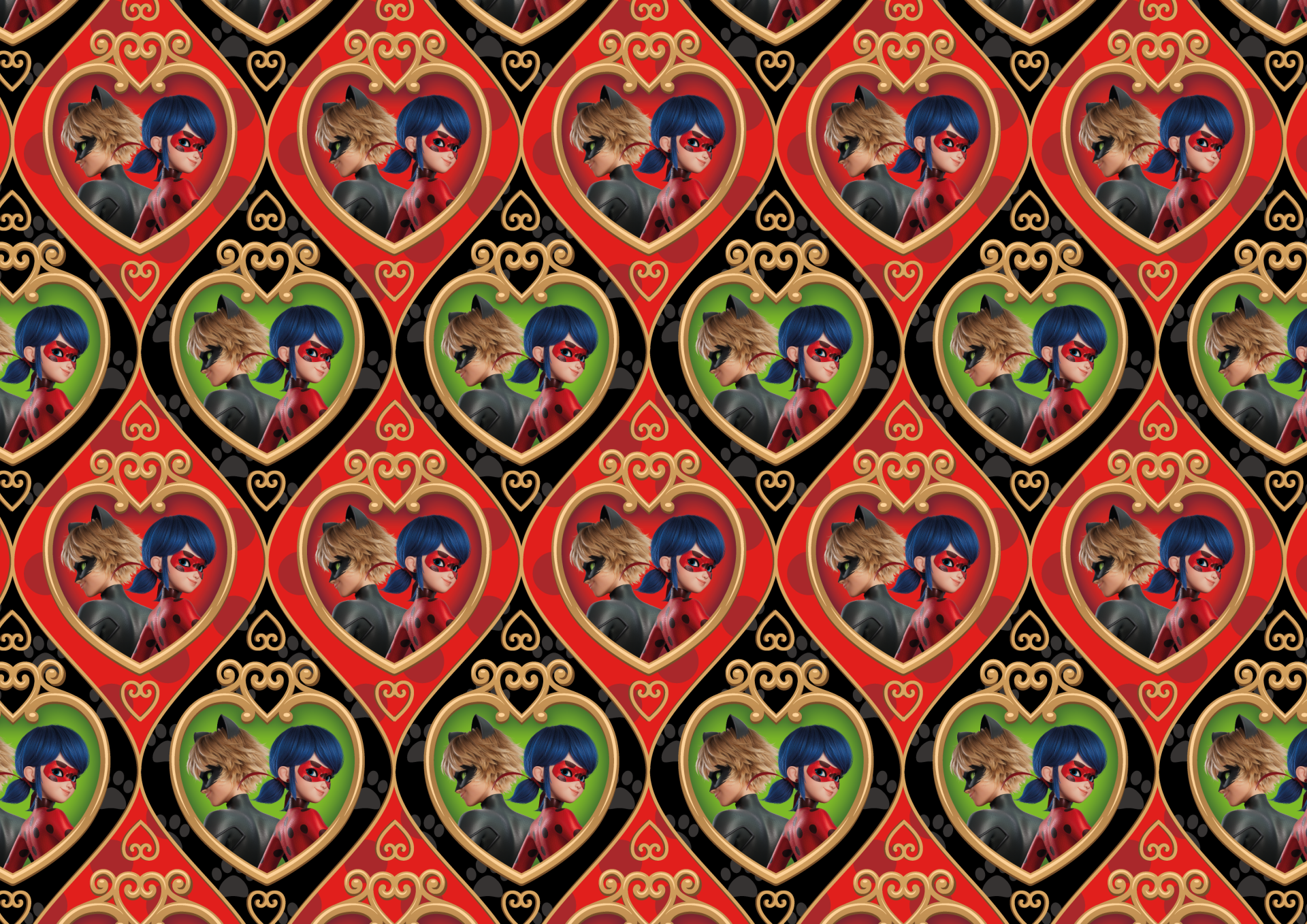 HD PC desktop wallpaper featuring a repeating pattern of Miraculous Ladybug characters inside heart-shaped frames, inspired by the TV show Miraculous Ladybug.