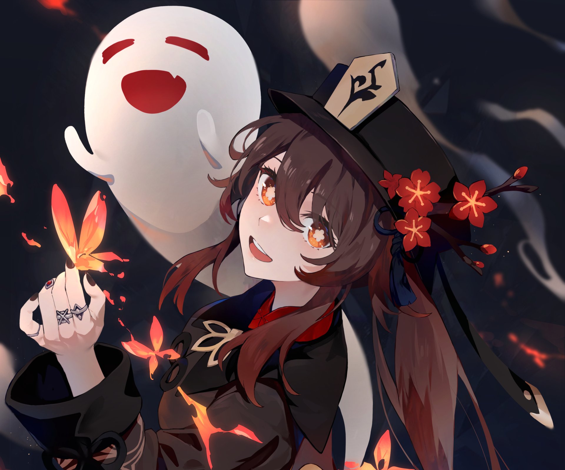 HD PC desktop wallpaper featuring Hu Tao from the video game Genshin Impact, showcasing her with glowing butterflies and a playful ghost spirit.