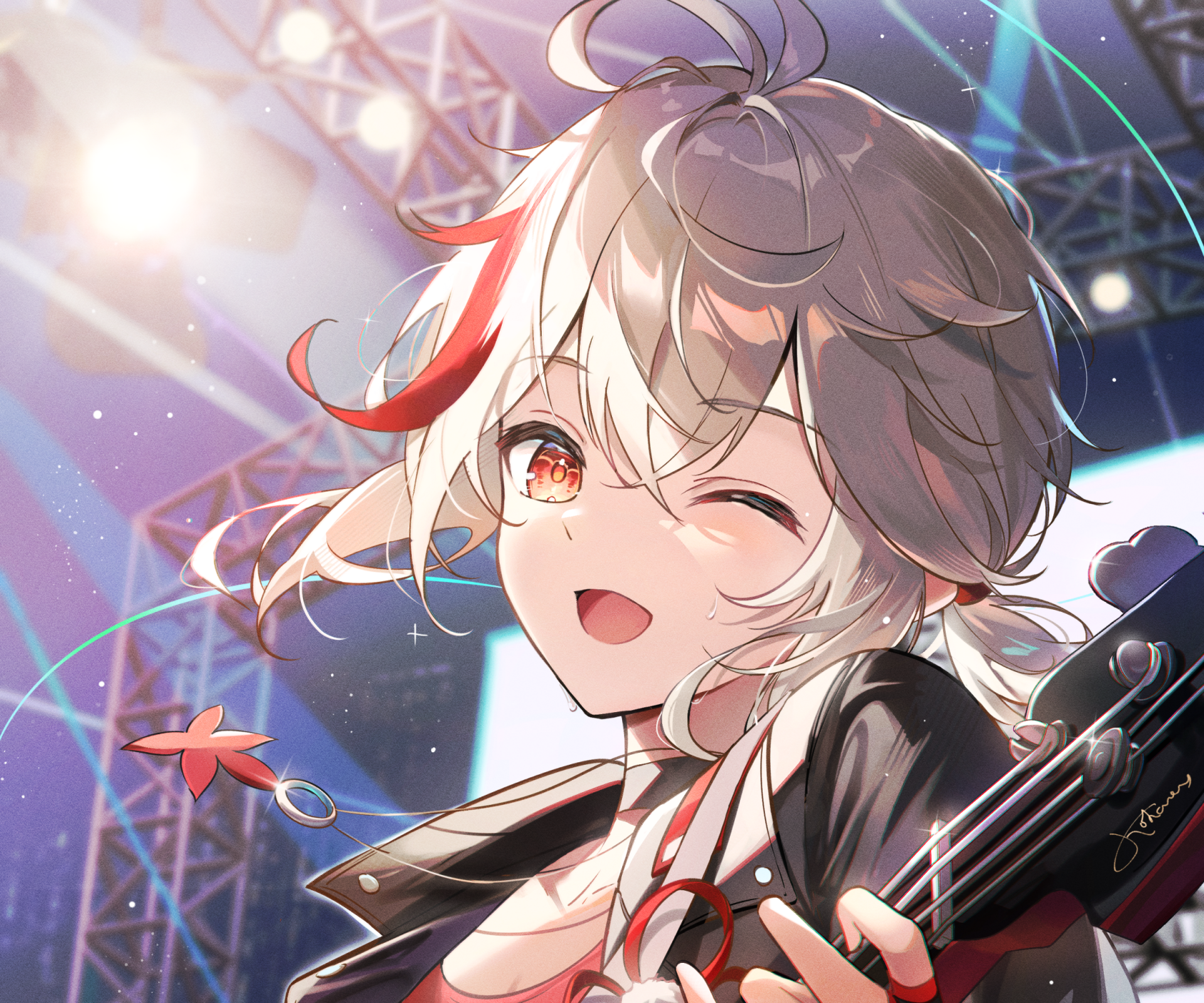 HD PC desktop wallpaper of Kaedehara Kazuha (Genshin Impact) — anime-style winking portrait with wind-tossed hair, orange eyes, and sword against a glowing, starry arena background. Video game art.