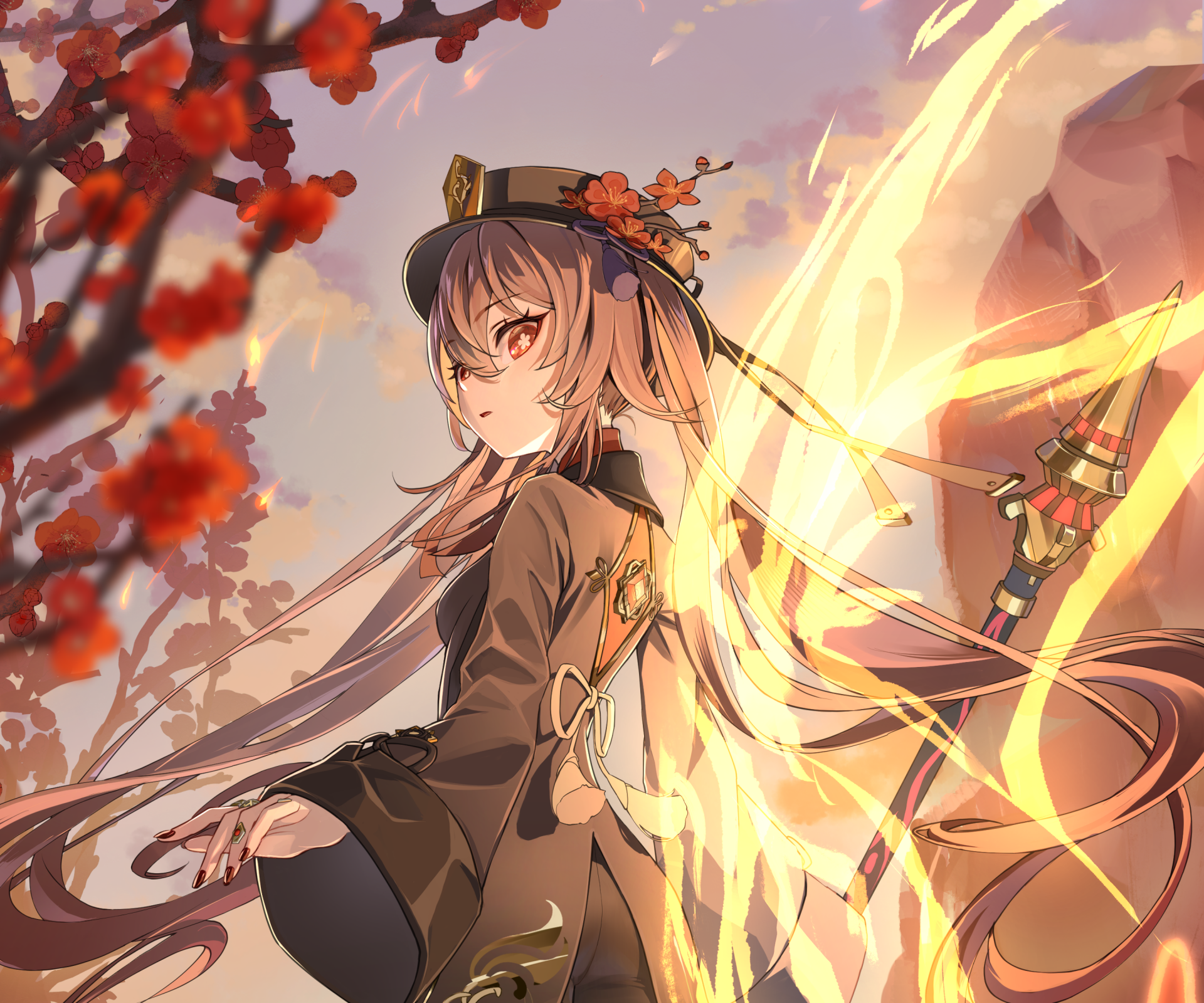 HD PC desktop wallpaper featuring Hu Tao from the video game Genshin Impact, surrounded by autumn leaves and glowing yellow energy effects.