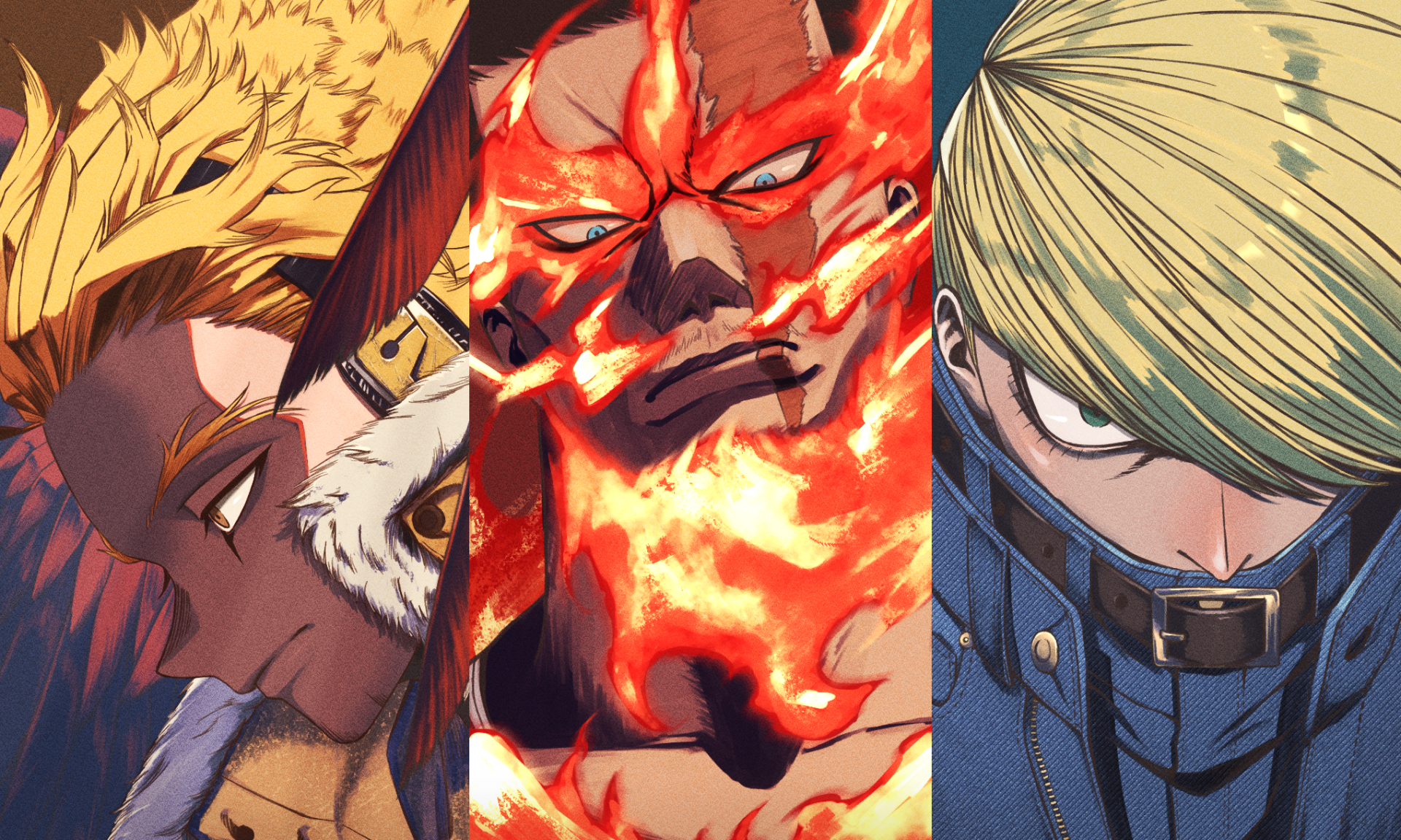 HD PC wallpaper: triptych close-ups of Tsunagu Hakamada, Endeavor (Boku no Hero Academia), and Hawks (Boku No Hero Academia) from the My Hero Academia anime, with a fiery central portrait.