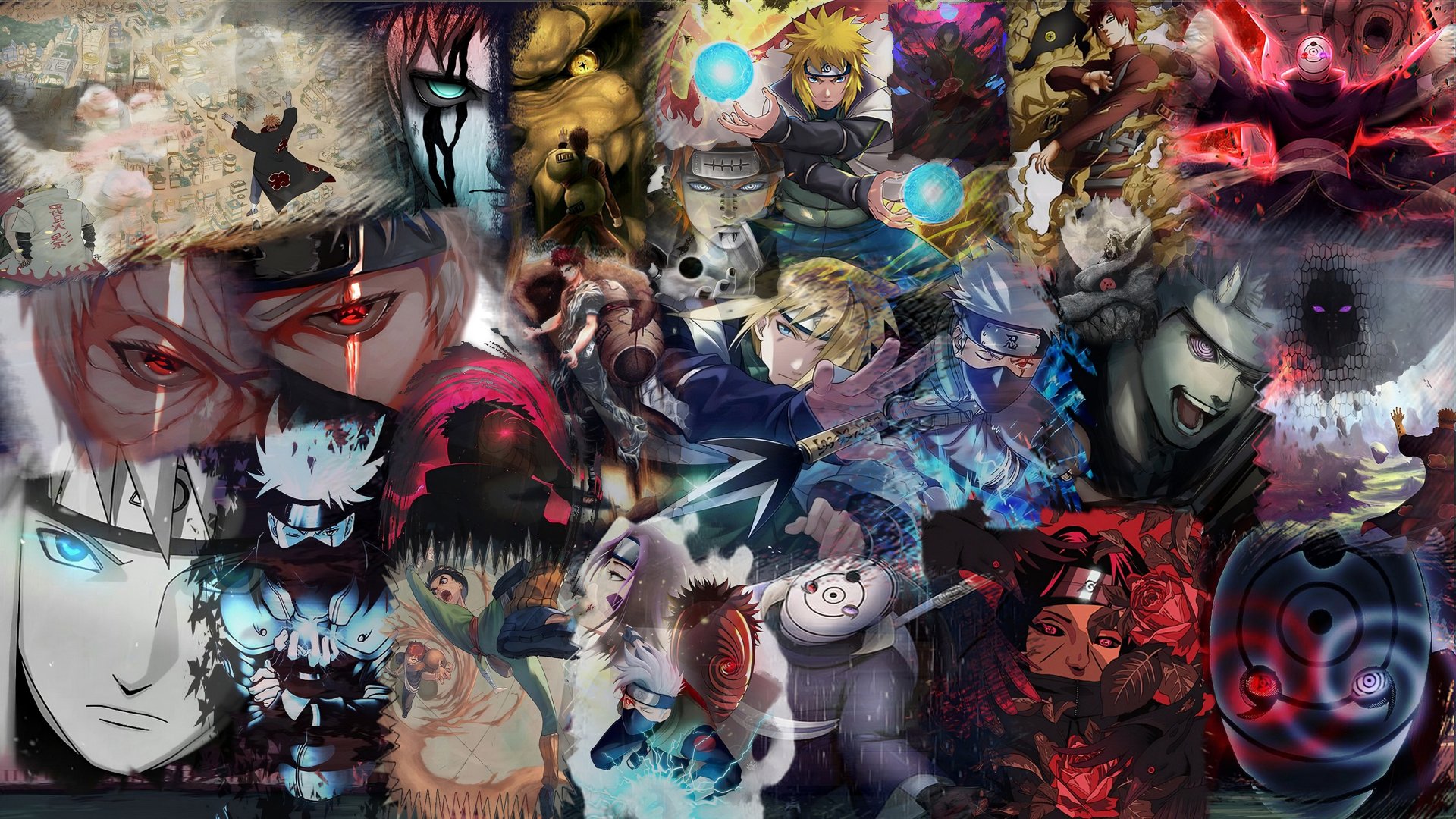 HD PC desktop wallpaper featuring dynamic anime characters from Naruto, prominently showcasing the Uchiha Clan and iconic moments from the series.