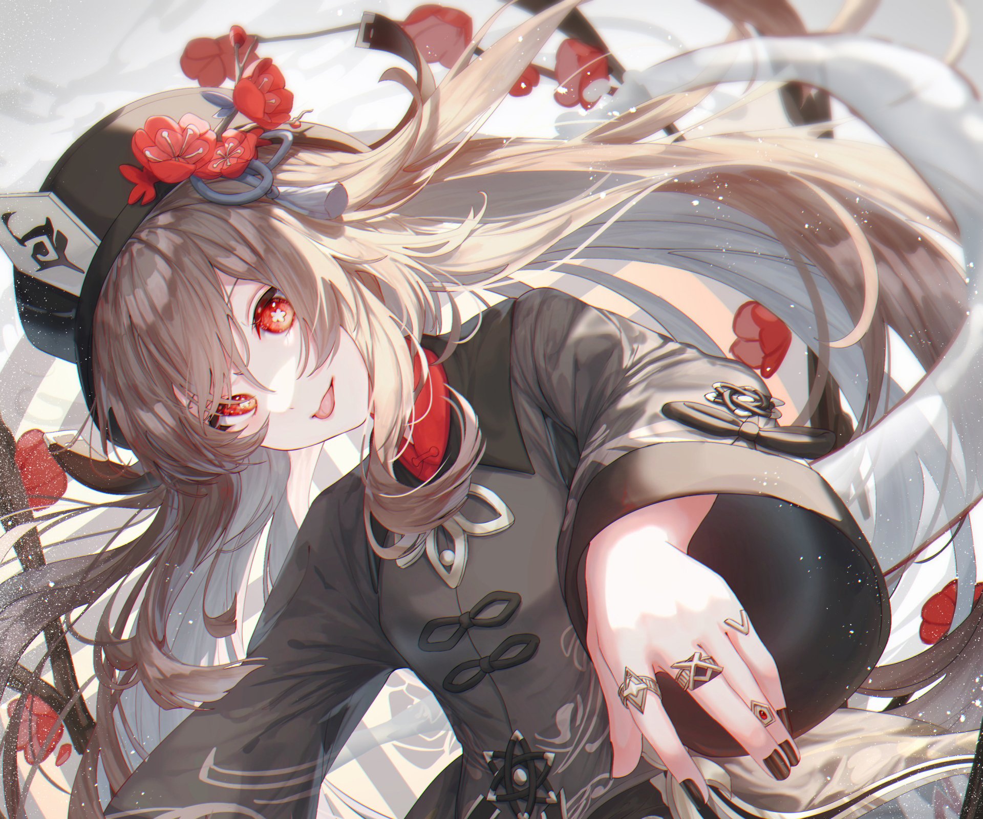 Hu Tao from Genshin Impact, smiling and reaching toward the viewer with her ghostly black orb — vibrant 2K Quad HD PC desktop wallpaper/background art.