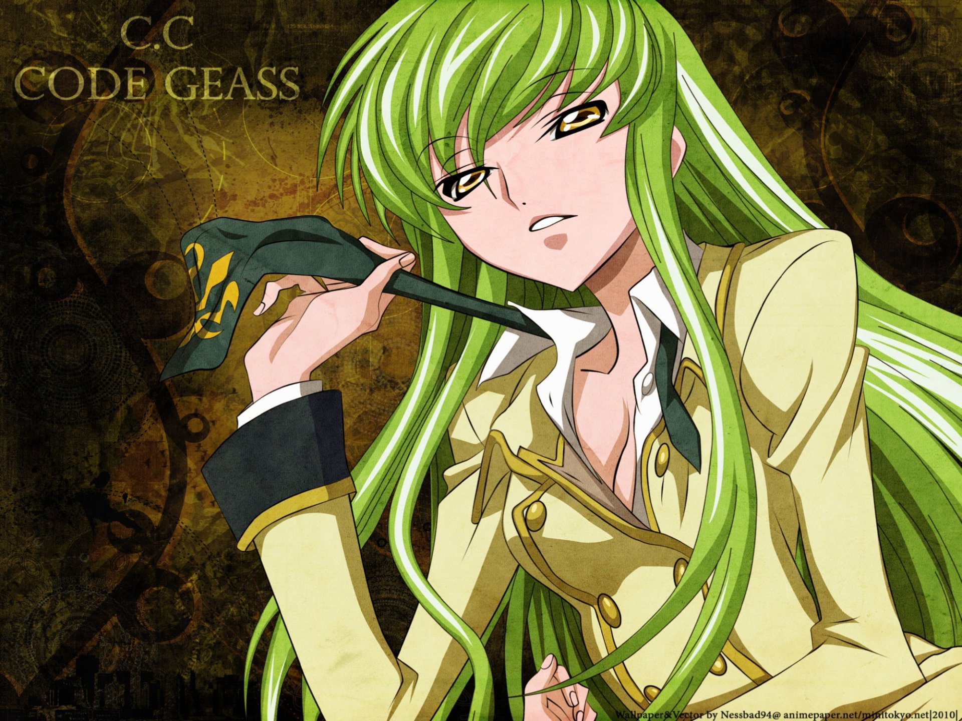 HD anime desktop wallpaper featuring C.C. from Code Geass with long green hair and a confident expression against a dark, textured background with the Code Geass logo.