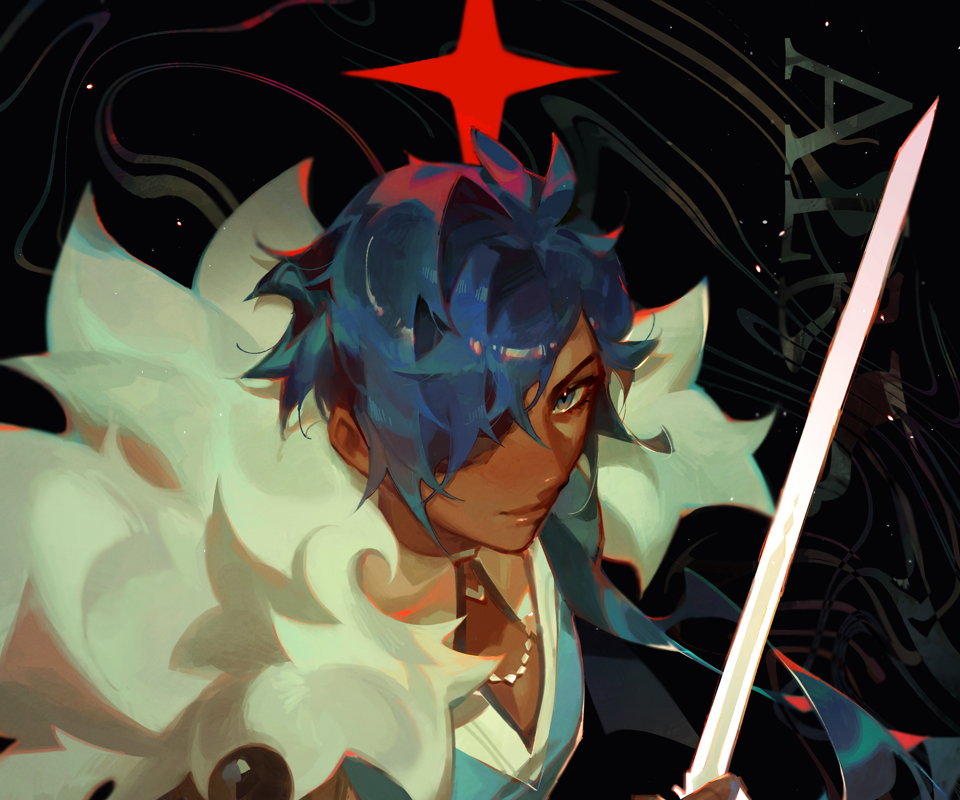 HD PC desktop wallpaper featuring Kaeya from the video game Genshin Impact, showcasing his distinct blue hair and intense gaze against a dark background.