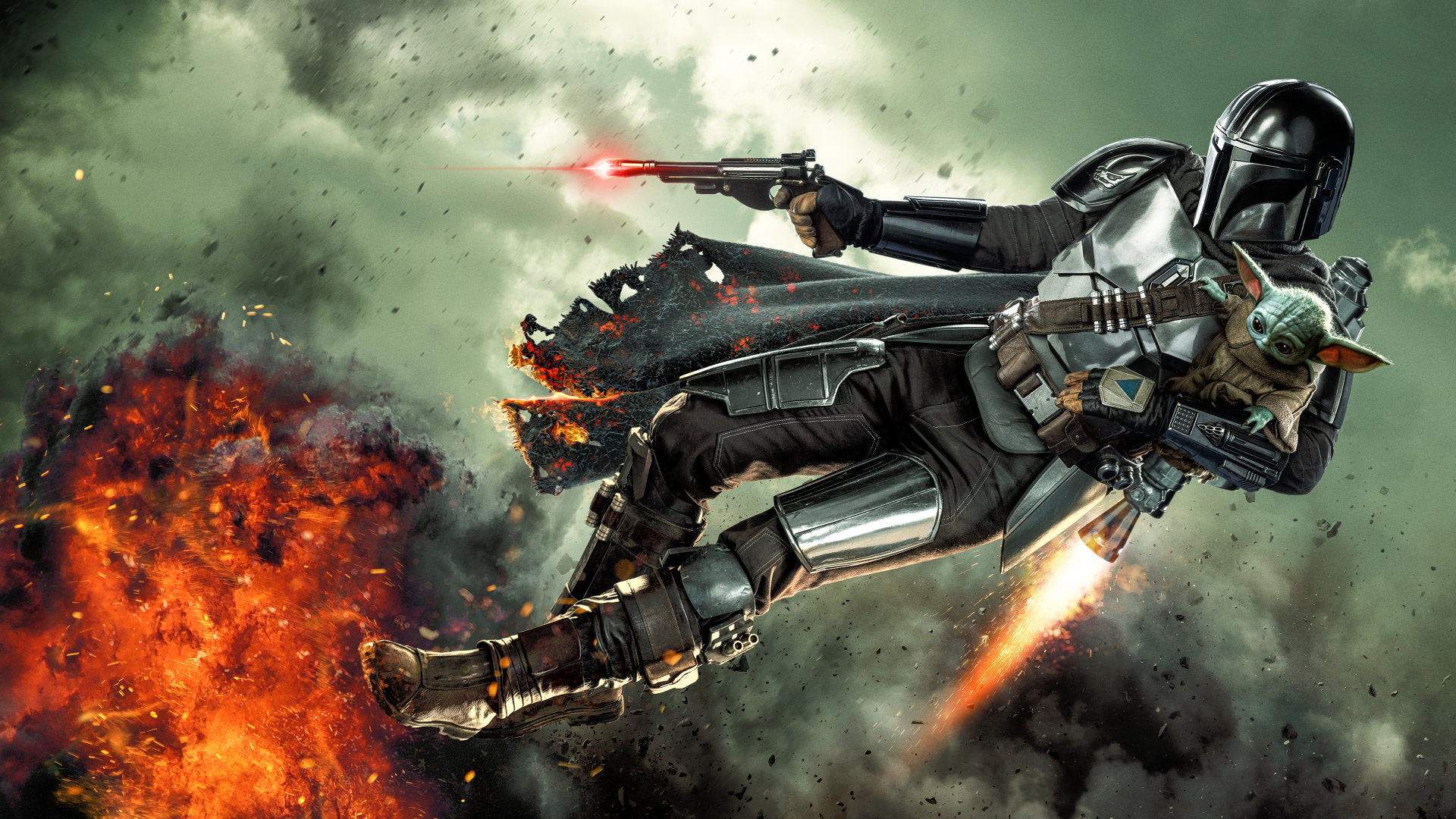 4K Ultra HD PC desktop wallpaper from The Mandalorian (TV show): armored Mandalorian fires a blaster while jetpacking through explosions, Grogu peeks from his satchel.