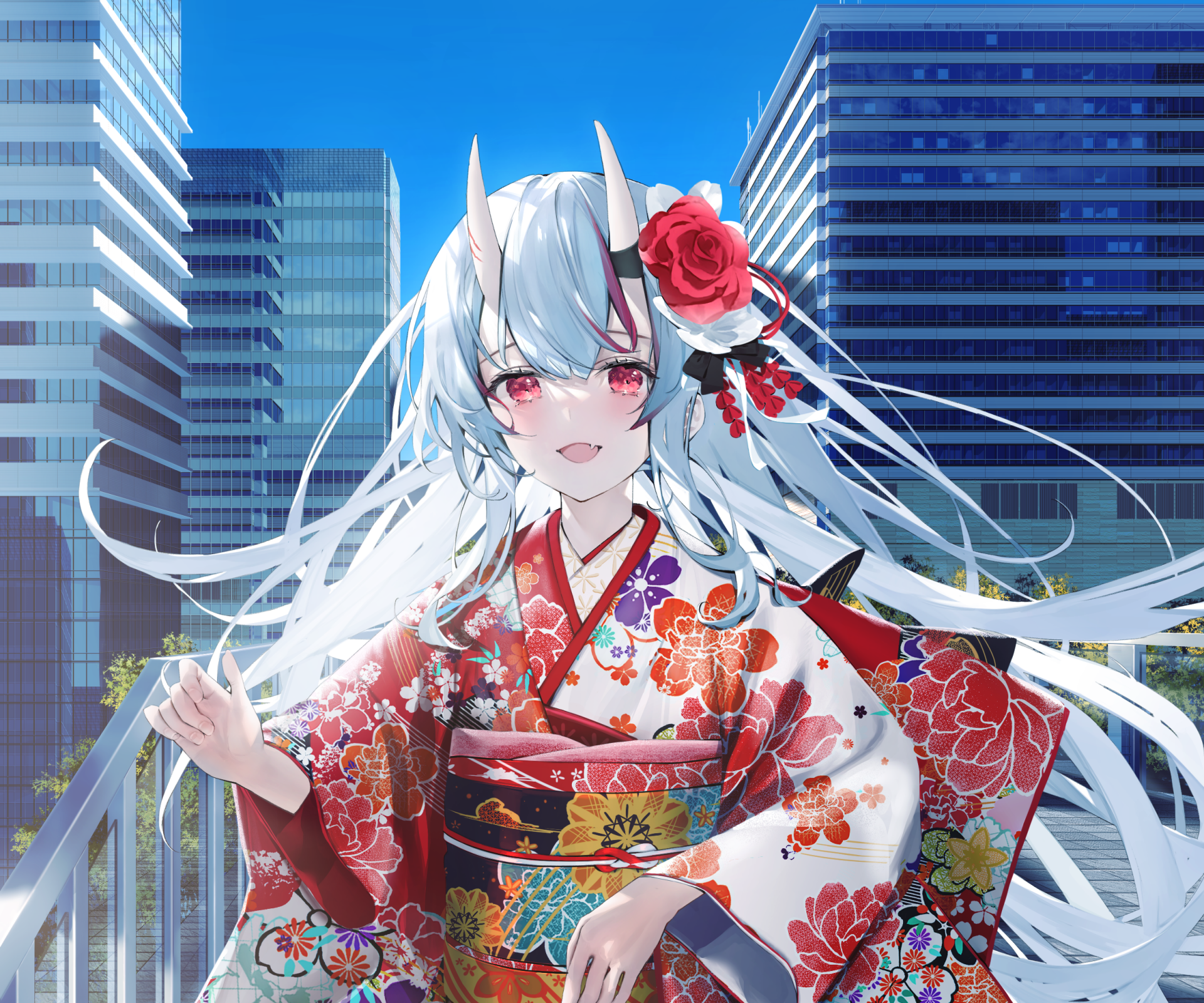 HD PC wallpaper of hololive Nakiri Ayame, anime virtual YouTuber in a red floral kimono with white hair and a rose, smiling on a balcony before a modern city skyline.
