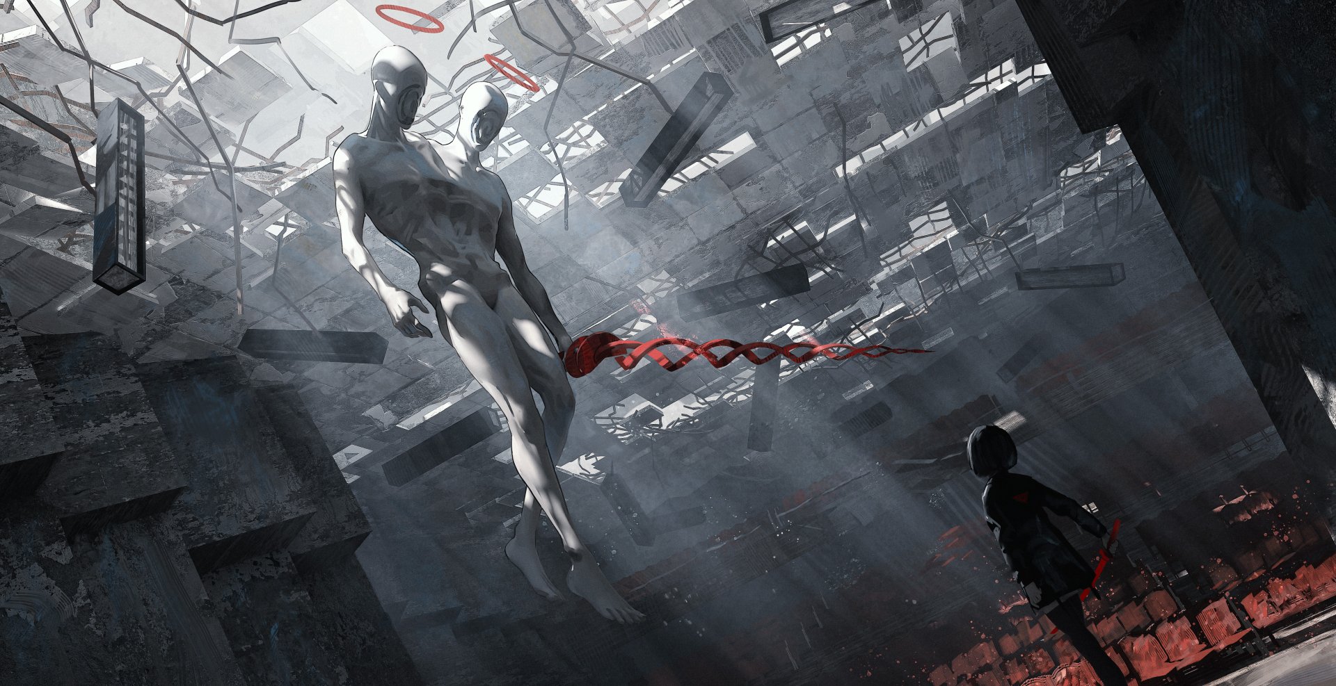 4K Ultra HD anime-style original artwork depicting a surreal scene with a floating humanoid figure and a child in a fragmented, shattered environment.