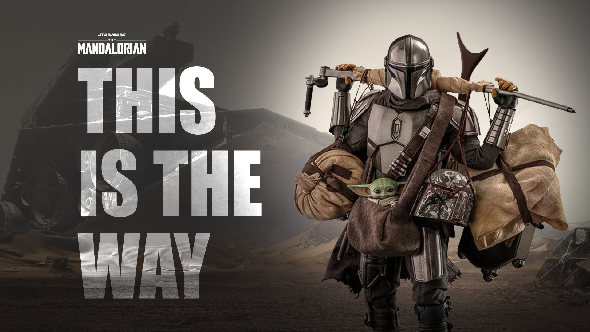 4K Ultra HD desktop wallpaper featuring The Mandalorian from the TV show, carrying various gear with Baby Yoda (Grogu) in his satchel and the text This Is The Way.