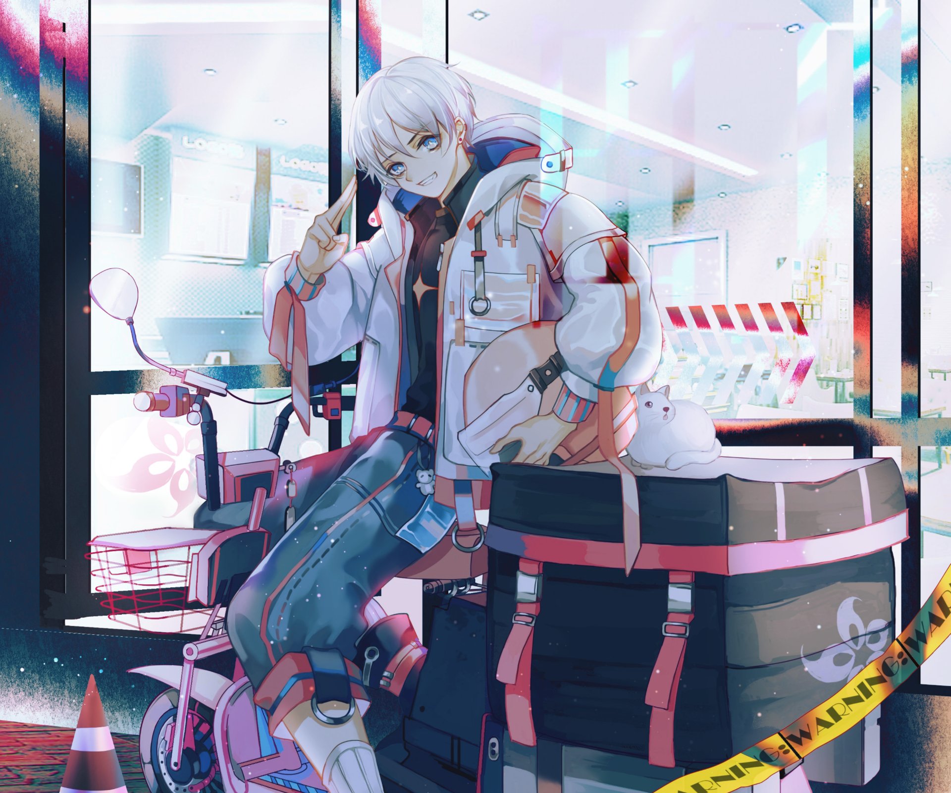 HD anime boy wallpaper featuring a white-haired character in casual modern attire, posing with a peace sign in a bright, urban setting with soft lighting.