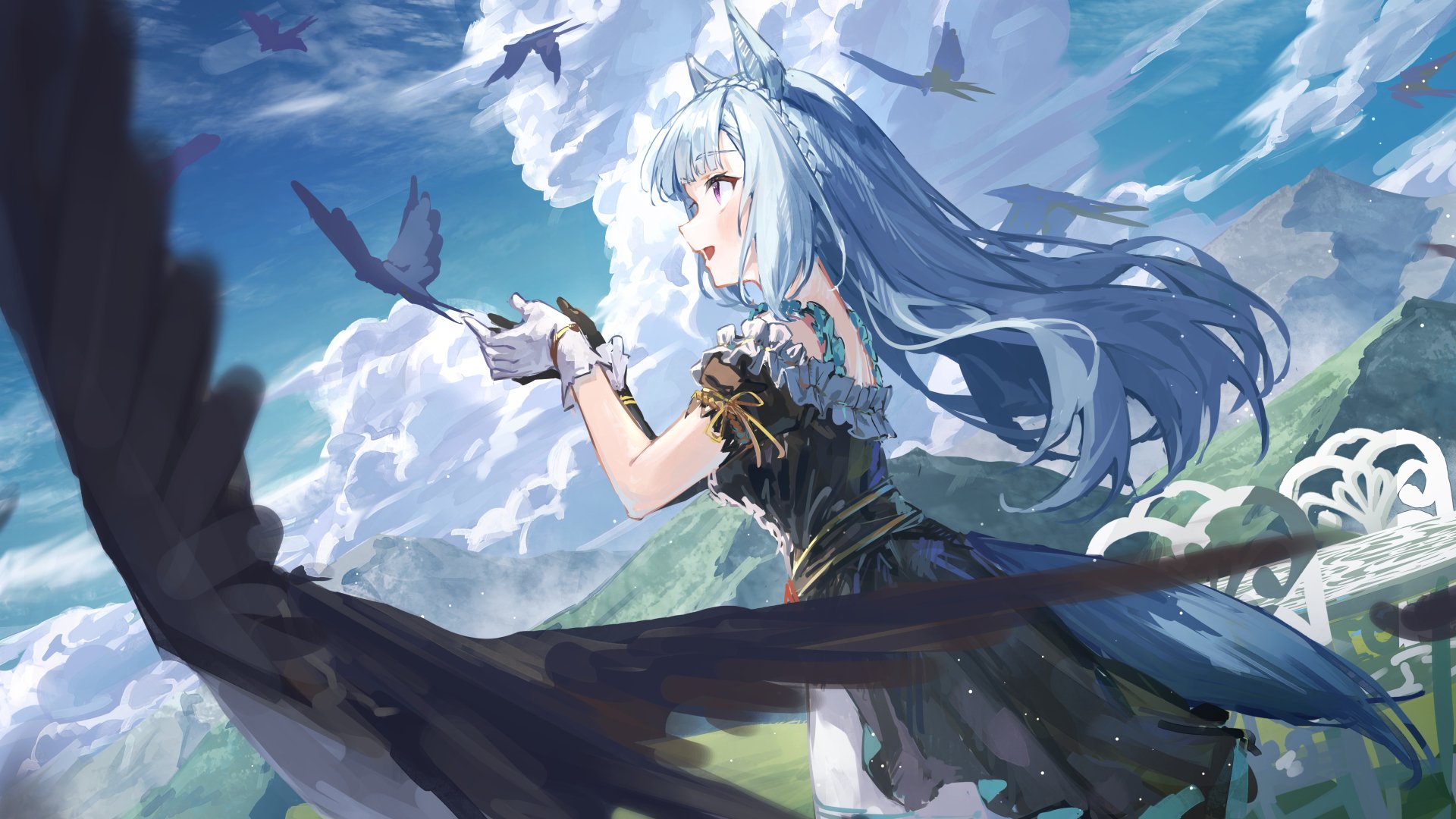 Mejiro Ardan from Uma Musume: Pretty Derby — anime 5K Ultra HD PC wallpaper/background of a long blue‑haired horse‑girl in a black dress reaching toward soaring birds above clouded hills.
