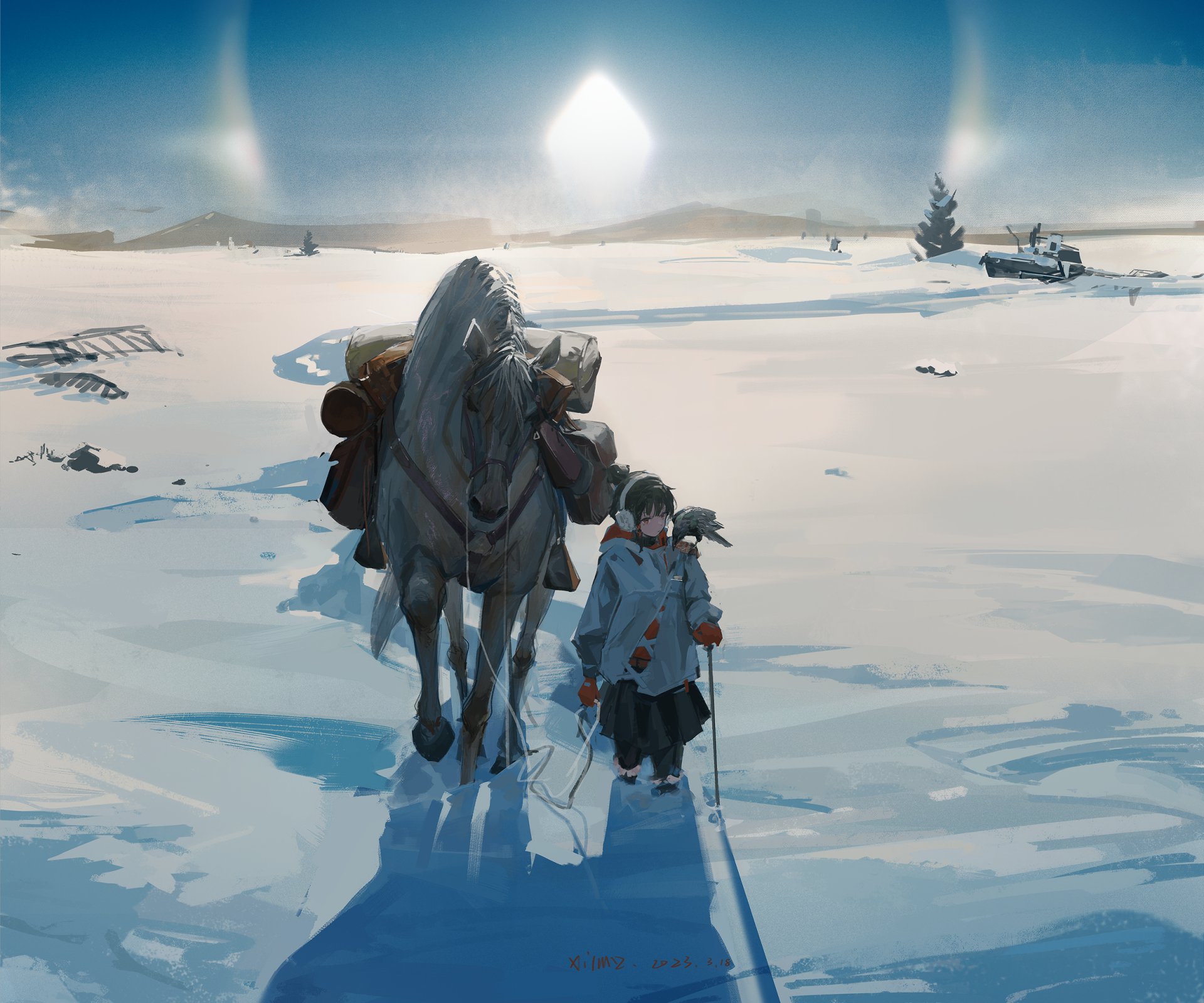 Anime girl walks beside a horse through a snowy landscape, depicted in a detailed HD PC desktop wallpaper and background with soft, muted winter tones.