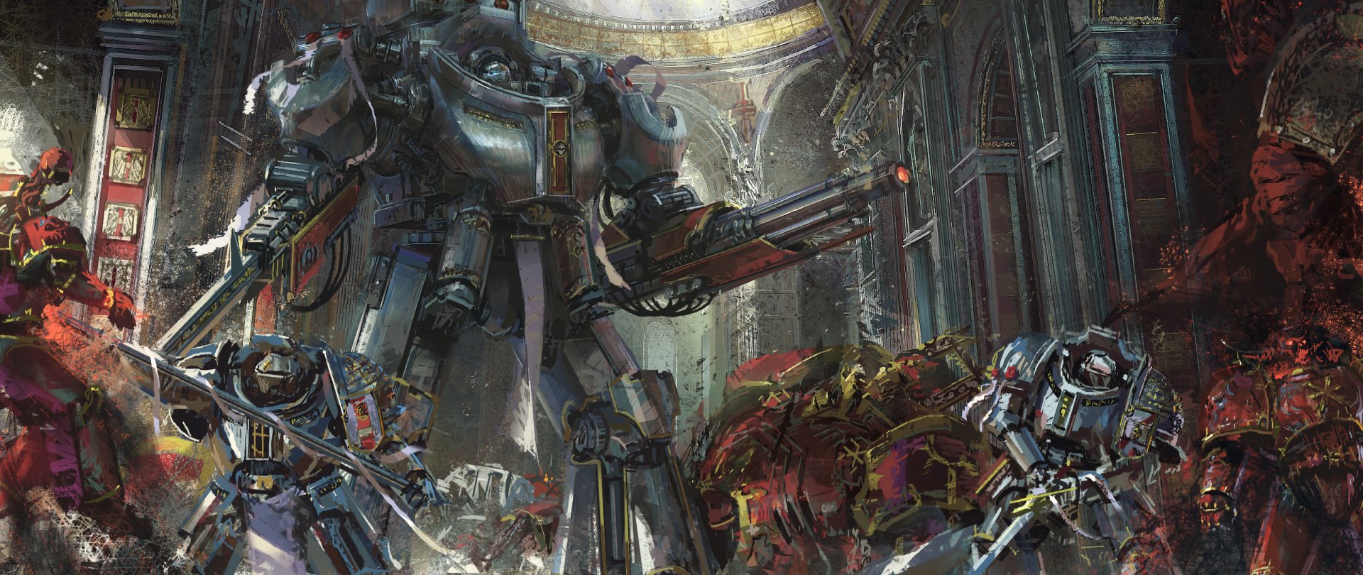 HD PC desktop wallpaper depicting a Warhammer 40k video game scene with a large armored mech and heavily armed soldiers in a dark, battle-worn environment.