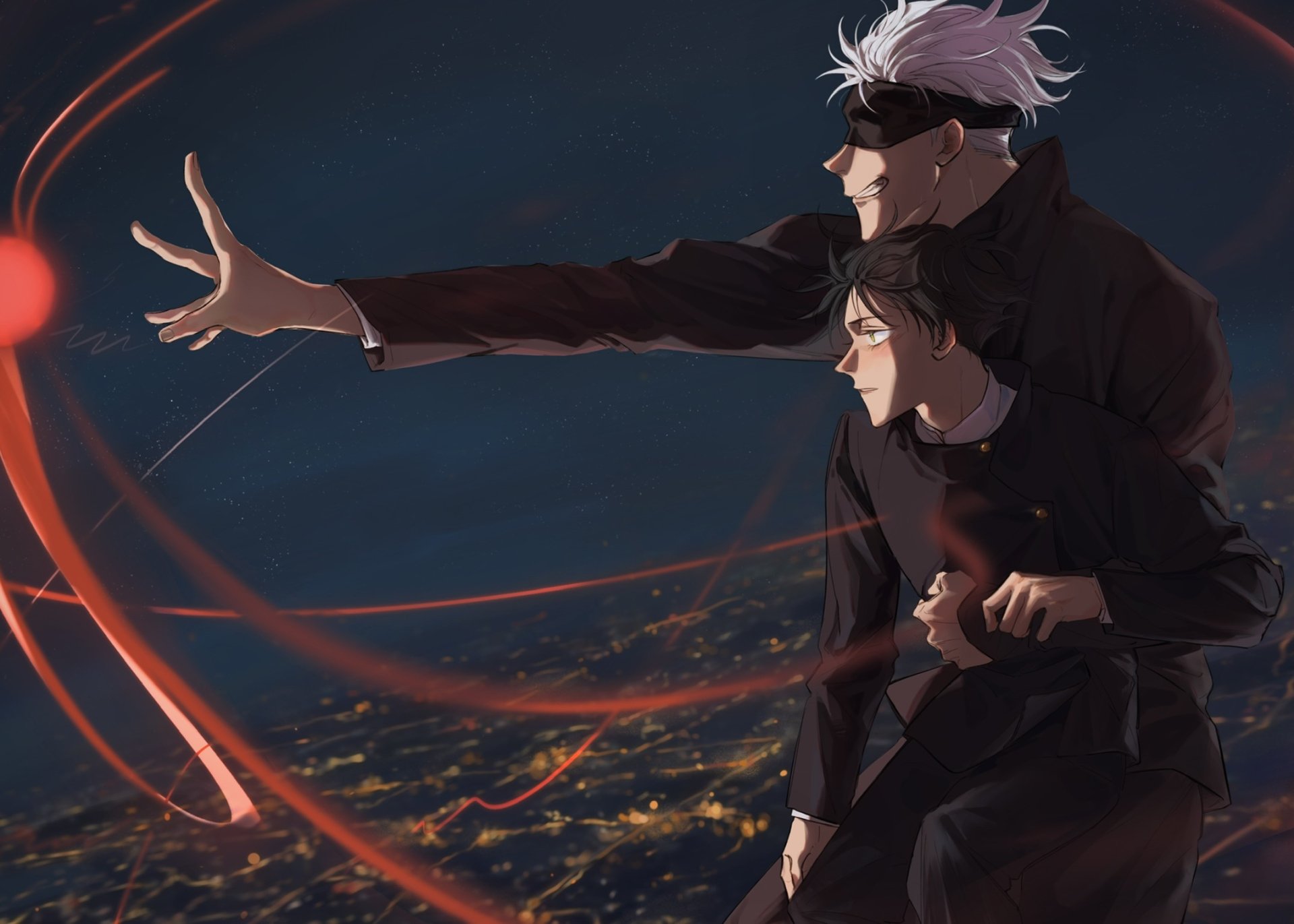 HD PC wallpaper: Satoru Gojo and Megumi Fushiguro stand over a glowing city as red energy ribbons swirl — Jujutsu Kaisen anime